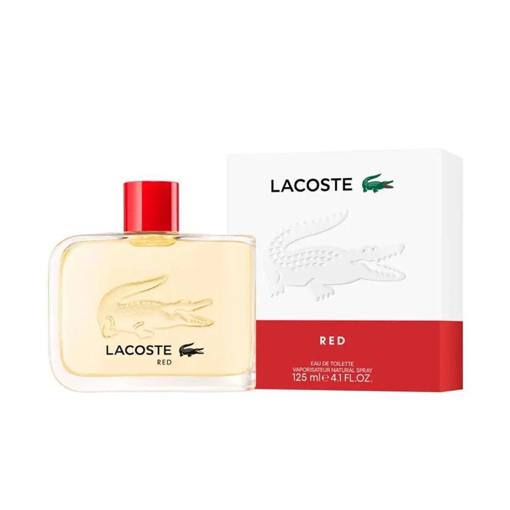 Lacoste Eau de Toilette Touche Rouge Flakon mit rotem Verschluss und Krokodil-Prägung. Kartonverpackung mit Krokodil-Logo.
