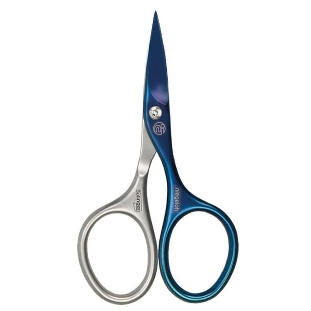 Nagelschere mit blauen Griffen und silbernen Griffringen. Marke Niegeloh Solingen.
