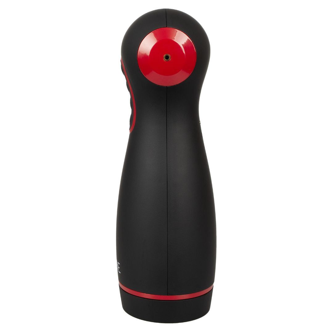 Schwarzes Gerät mit roter Akzenten. Zylindrische Form. Oberseite mit rotem Element. Rückansicht.