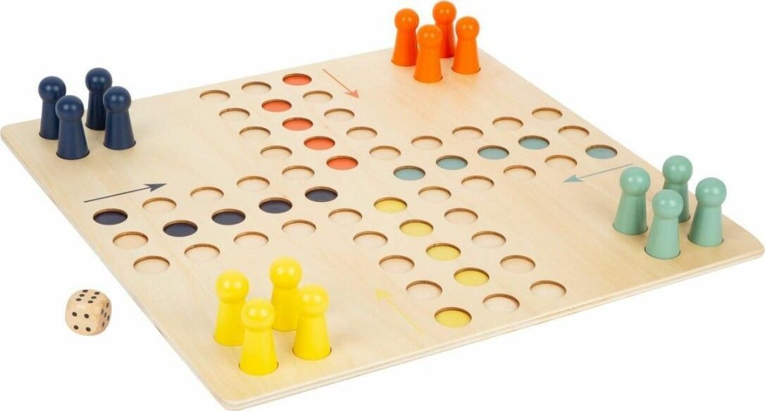 Ludo-Spielbrett mit Figuren und Würfel. Figuren in gelb, orange, blau, grün. Würfel mit sechs Augen.