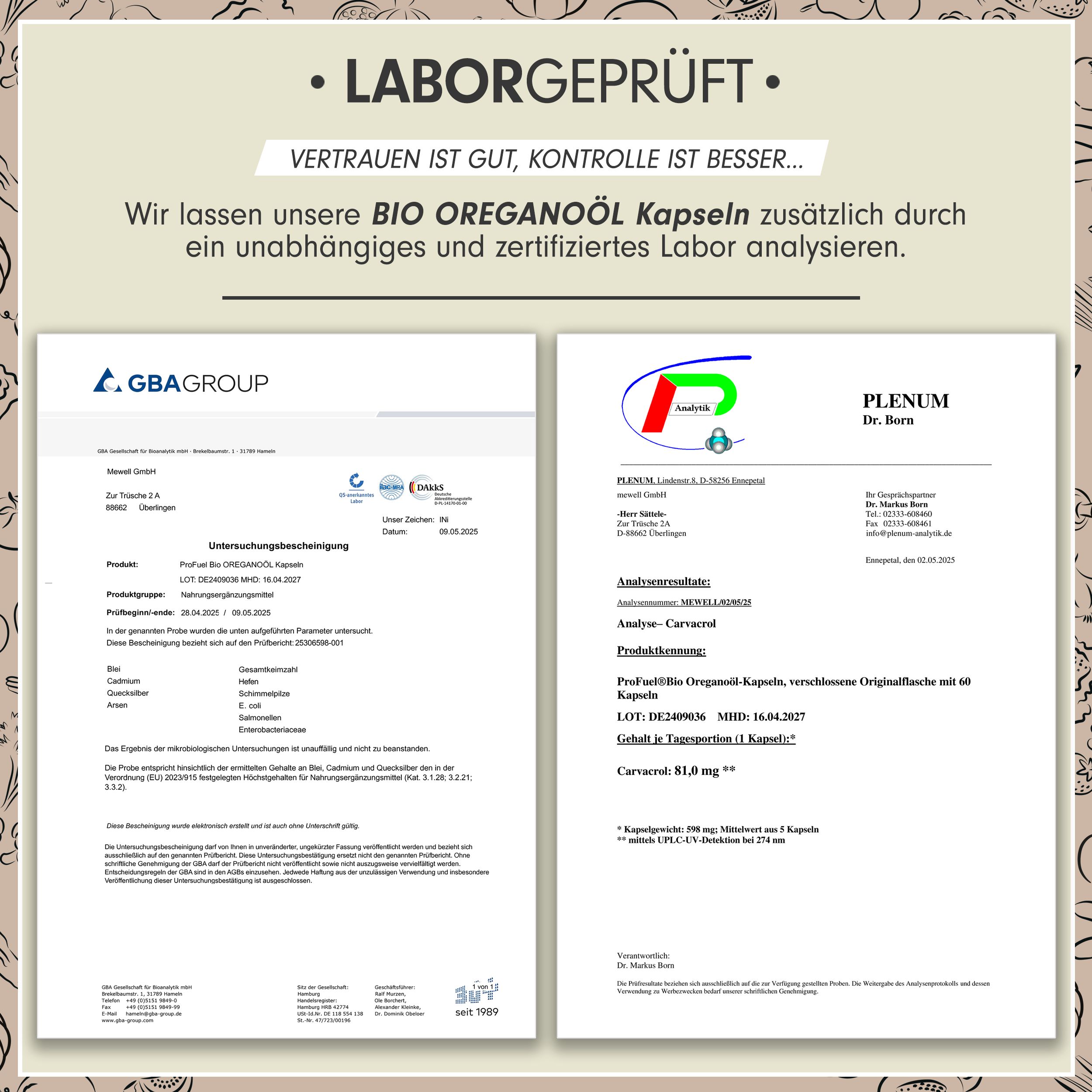 Zwei Laborberichte zu 'Bio Oreganoöl Kapseln'. Analysen von unabhängigen Laboren. Ergebnisse und Details der Tests.