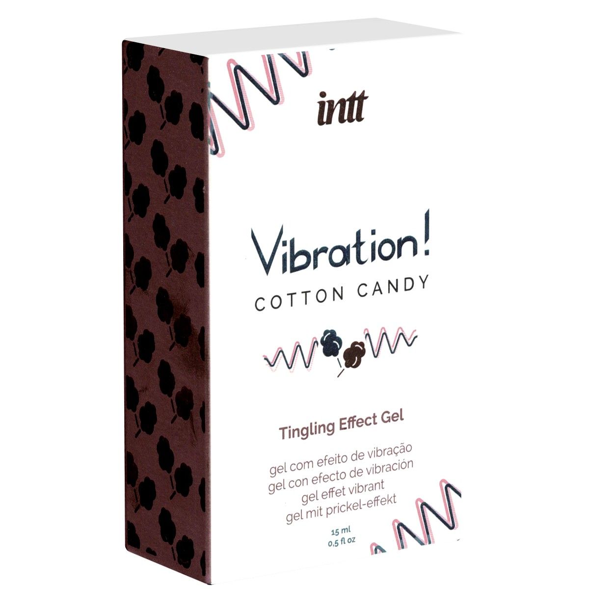 Produktverpackung mit Aufschrift: Vibration! Cotton Candy Tingling Effect Gel. Braunes und weißes Design, Text in mehreren Sprachen.