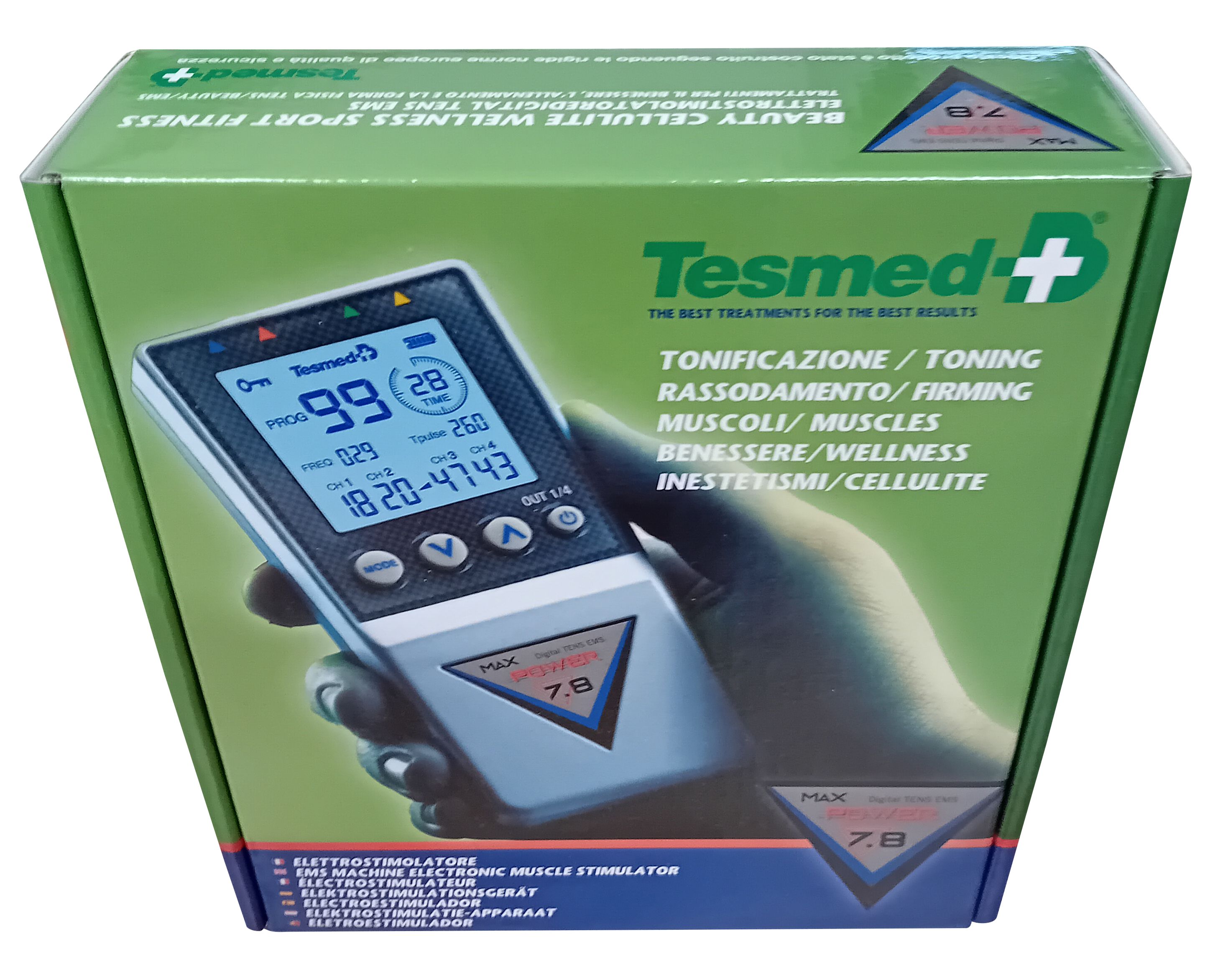 Grüne Verpackung mit Gerät und Hand. Text: "TESMED+ MAX 7.8". Enthält Informationen zu Toning, Muskeln, Wellness.
