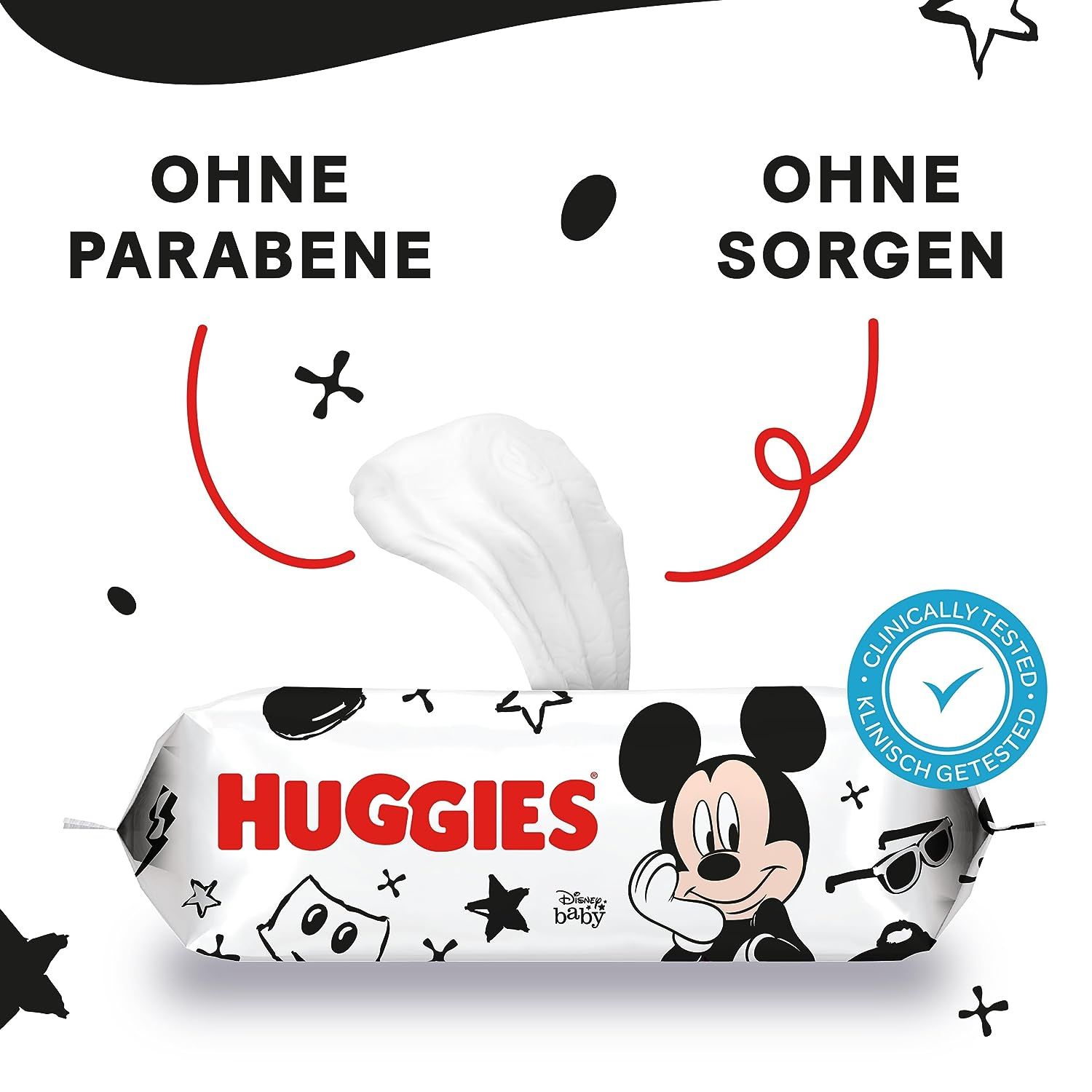 Huggies Feuchttücher-Packung mit Mickey Mouse-Design. Text: „Ohne Parabene, ohne Sorgen“. Klinisch getestet-Siegel. Weißer Hintergrund.