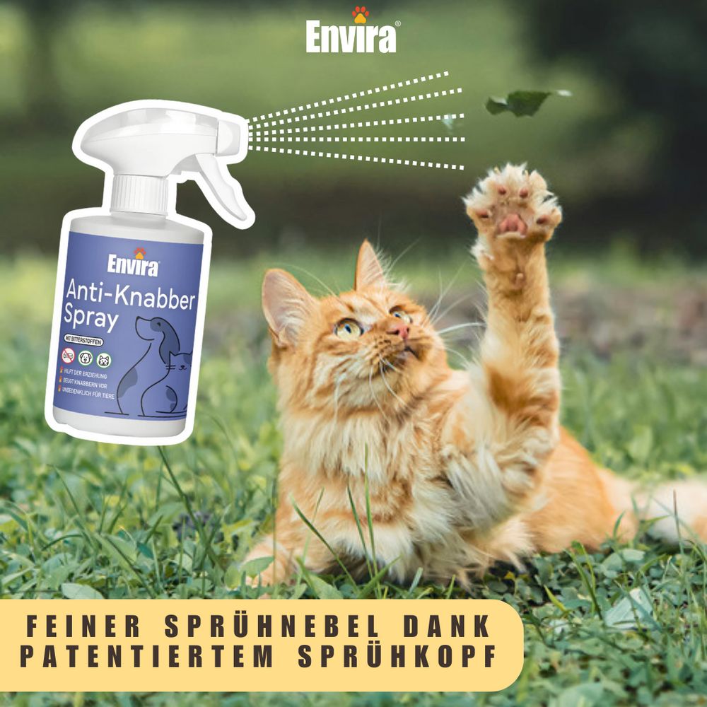 Orange Katze spielt im Gras. "Envira Anti-Knabber Spray"-Flasche im Bild. Feiner Sprühnebel dank patentiertem Sprühkopf.