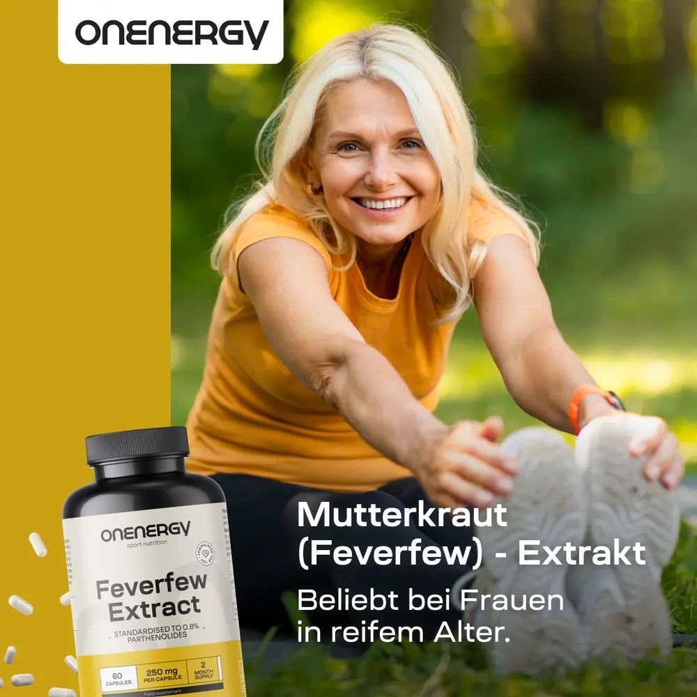 Flasche OnEnergy Mutterkraut Extrakt und Frau in Meditationshaltung.