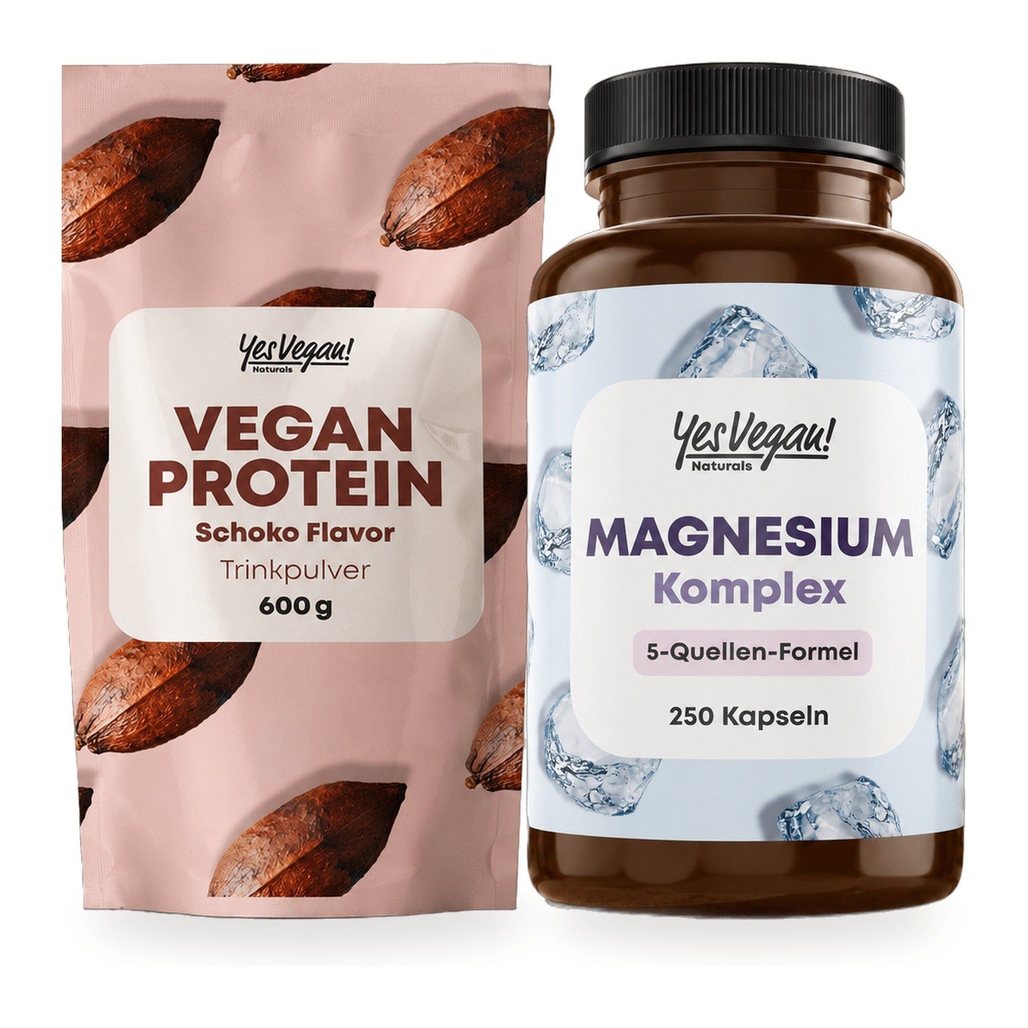 Yes Vegan Magnesium Komplex (250 Kapseln), Vegan Protein Schoko (600g Pulver) und ein Shaker.