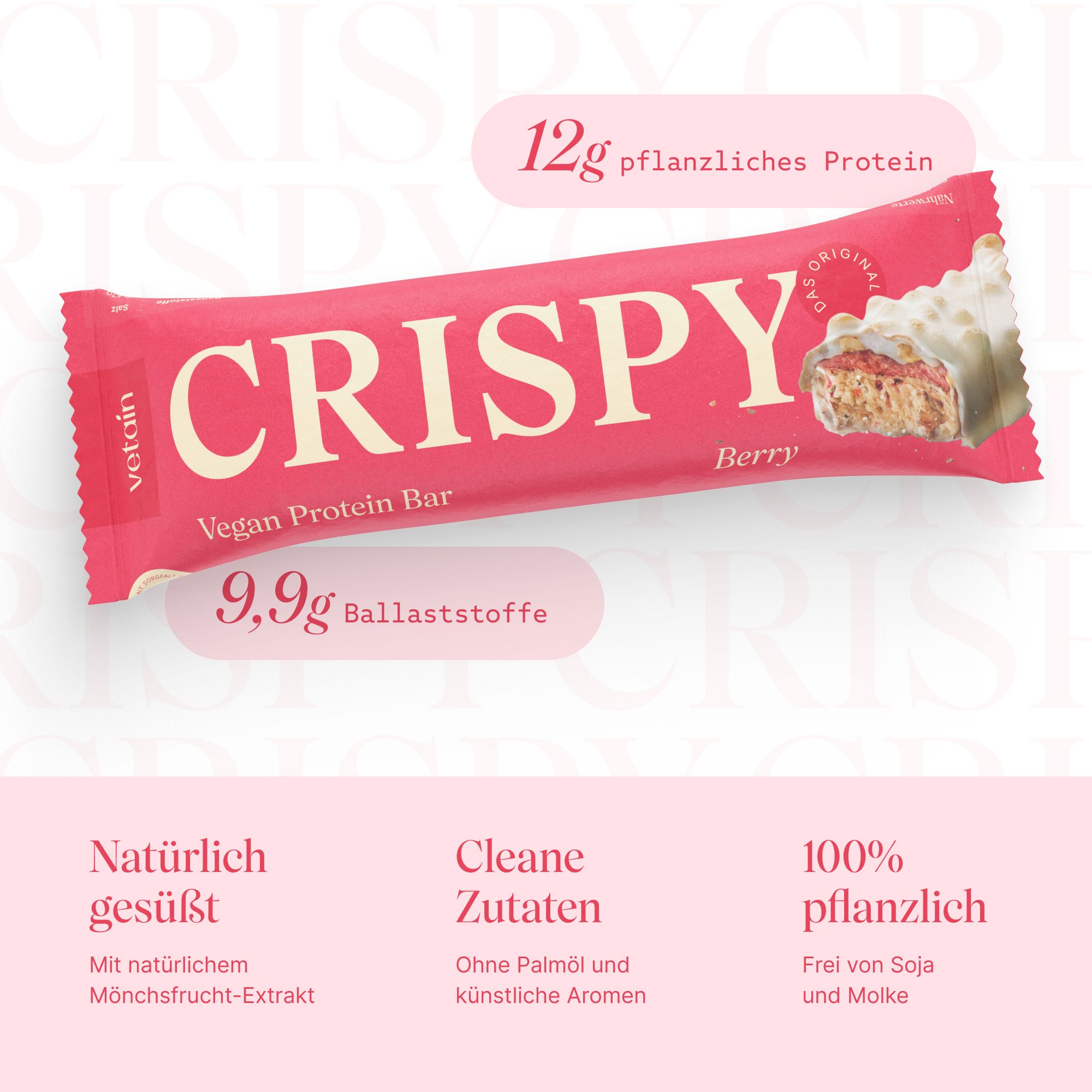 VETAIN Crispy Vegan Protein Bar, Beeren-Geschmack, 12g Protein, 9,9g Ballaststoffe.