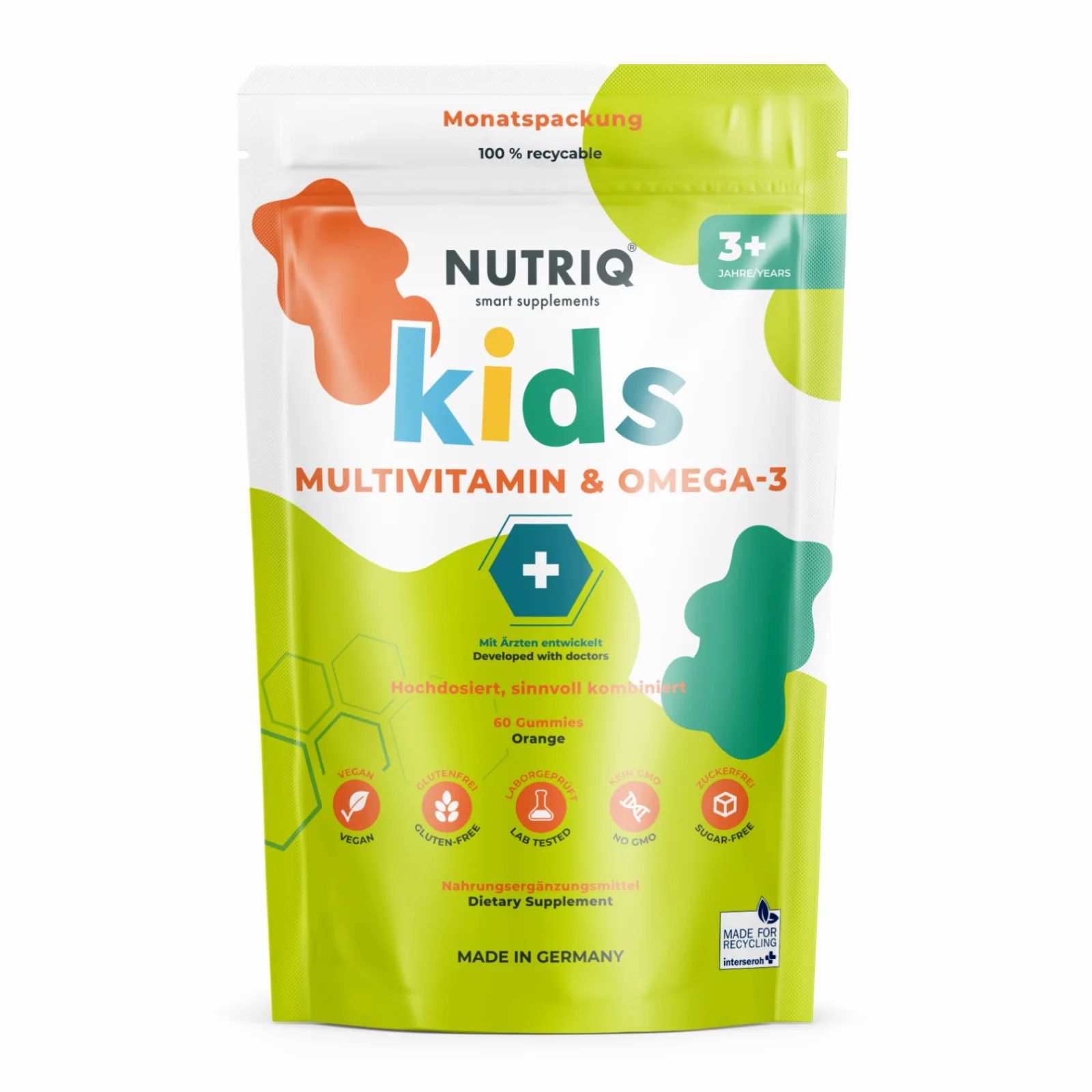 Grüne Tüte mit NUTRIQ Kids Multivitamin & Omega-3. Enthält Gummibärchen. Text: 3+ Jahre, vegan, zuckerfrei, Made in Germany.