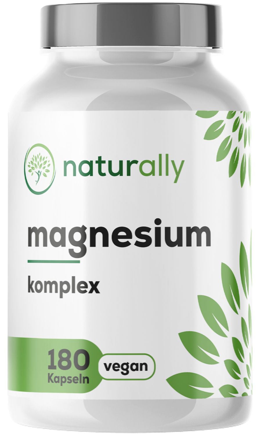 Weißes Glas 'naturally magnesium komplex'. 180 Kapseln, vegan.