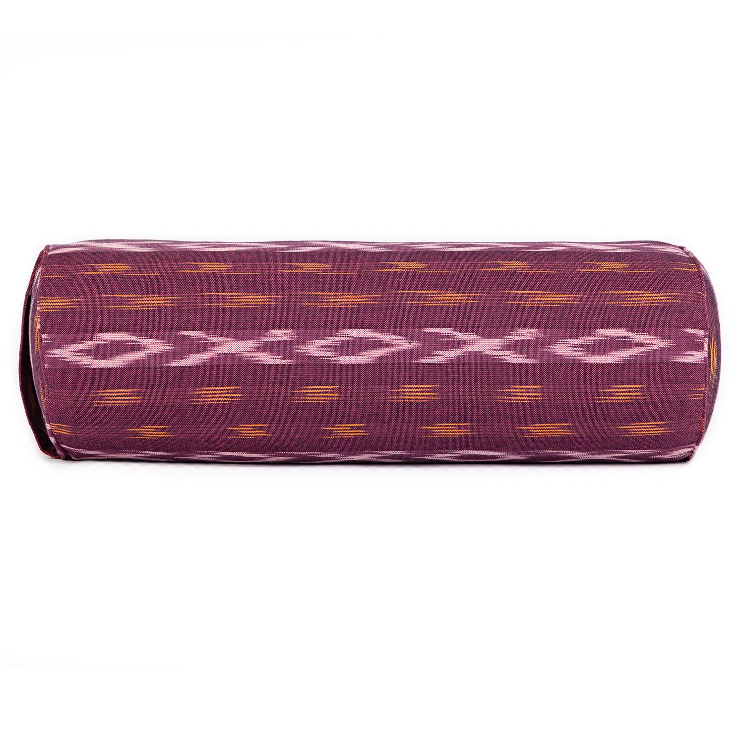 ETHNO Collection: Yoga-Bolster (rund), Ikat-Webstoff, weinrot gem., Dinkelhülsen