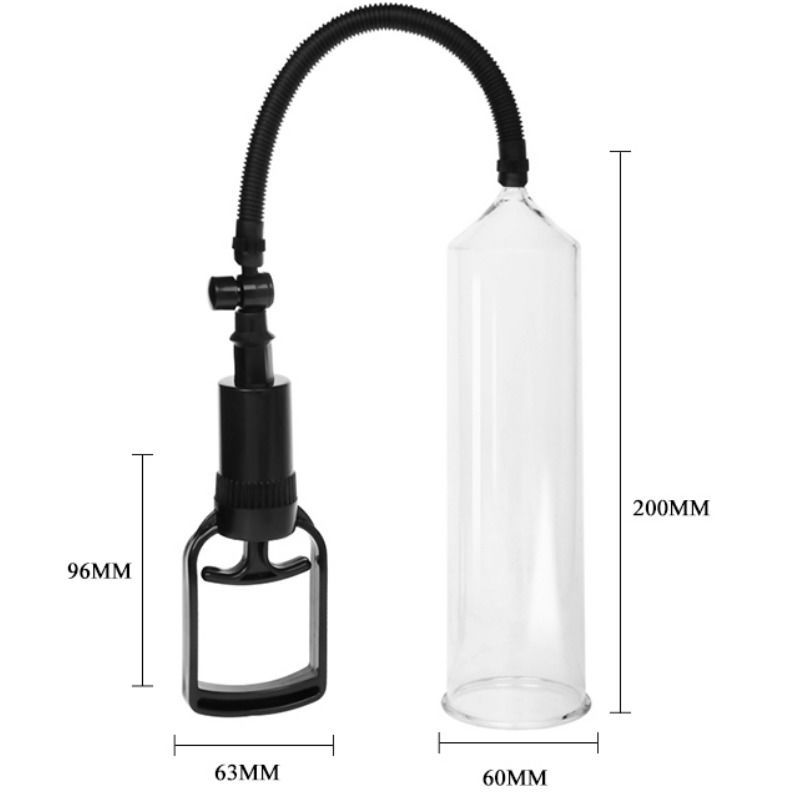 Transparente Penispumpe mit schwarzem Kolbengriff und Schlauch. Abmessungen: 200mm x 60mm x 96mm x 63mm.
