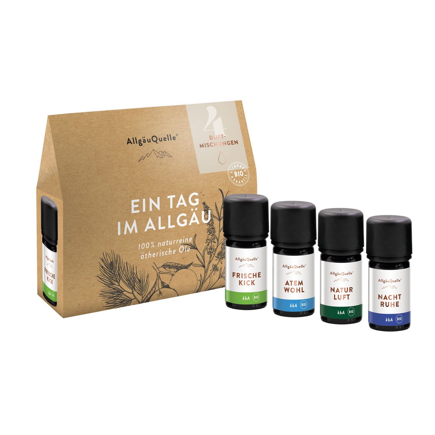 Set mit vier kleinen Flaschen ätherischer Öle und einer Pappverpackung. Aufschrift: "Ein Tag im Allgäu".