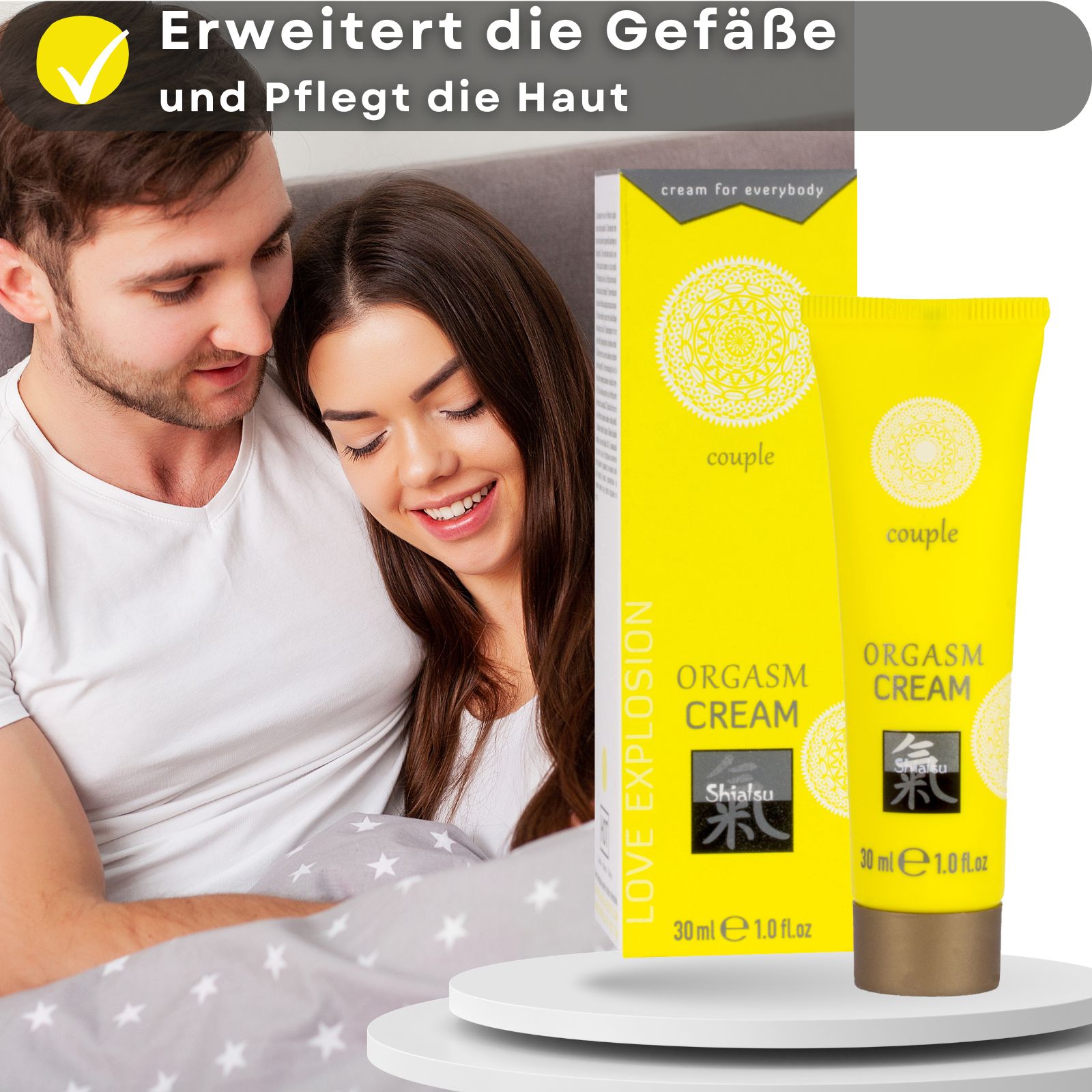 Produkt und Text. Gelbe Tube und Schachtel. Text: Erweitert die Gefäße und pflegt die Haut.