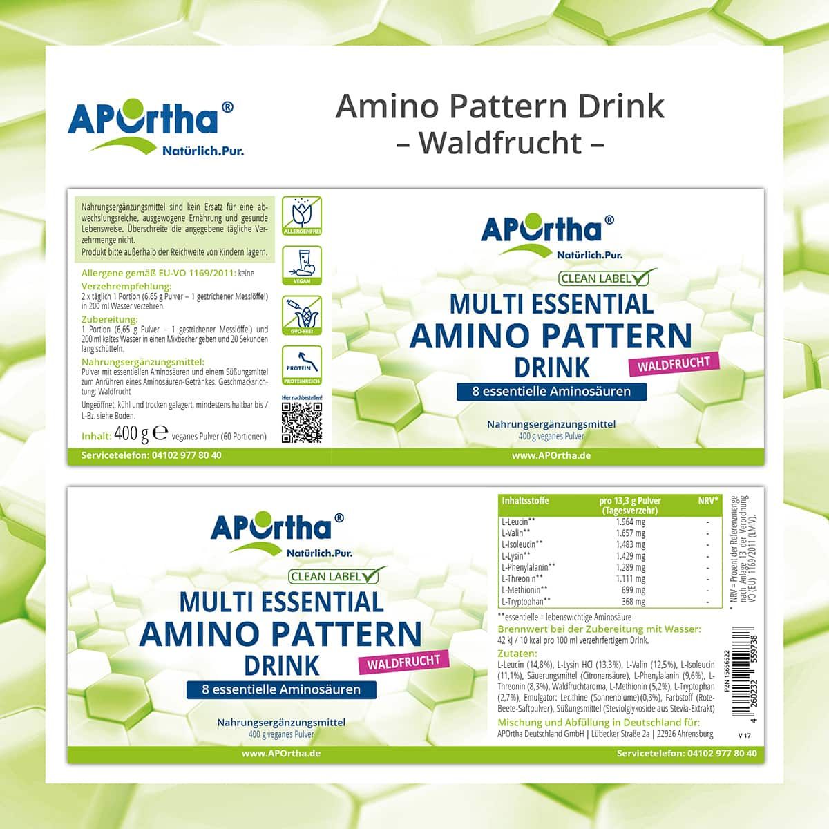 Zwei Produktetiketten. Text: APOrtha® Multi Essential Amino Pattern Drink, 8 essentielle Aminosäuren, Waldfrüchte. Nährwertangaben und Inhaltsstoffe.