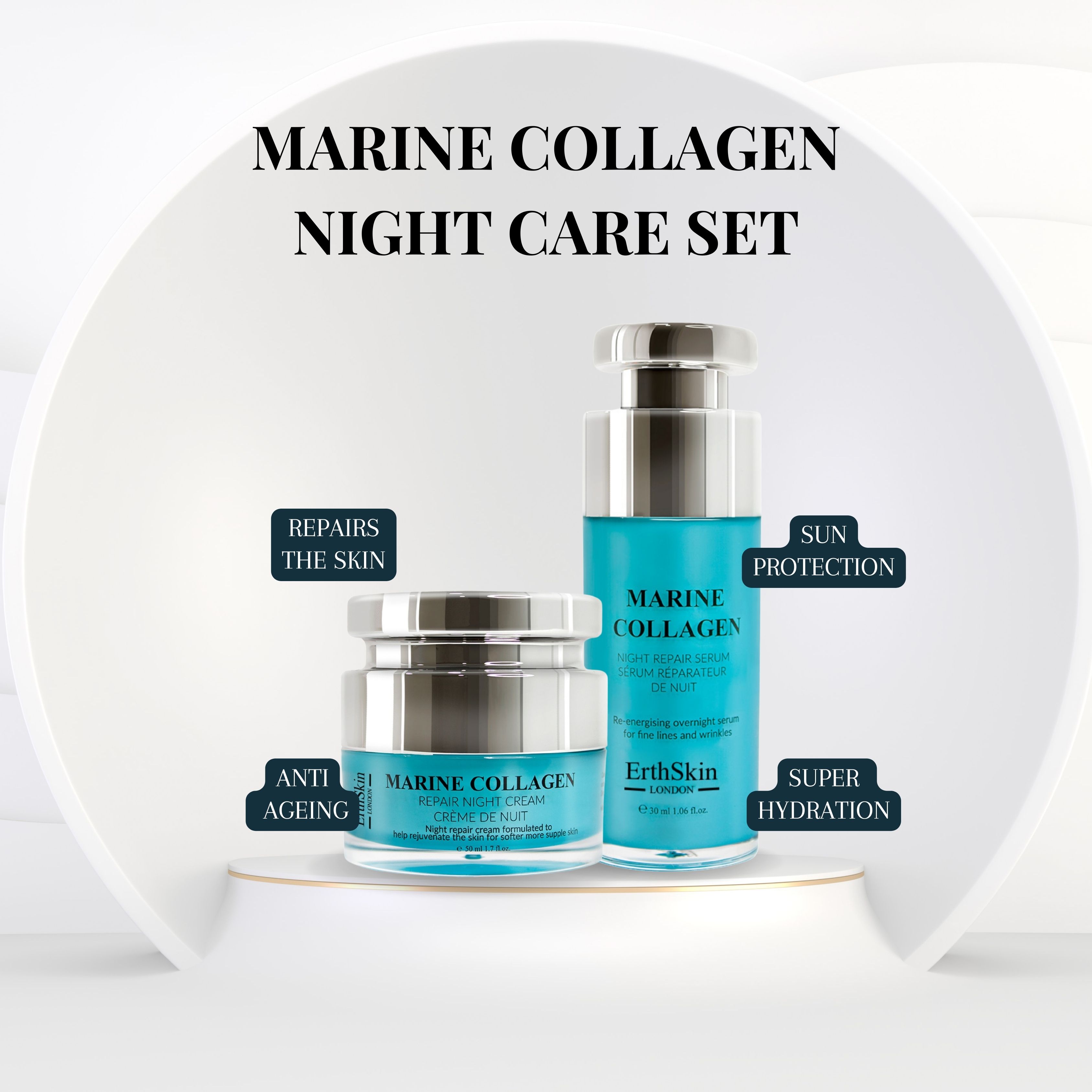 Marine Collagen Nachtpflege-Set. Zwei blaue Behälter mit silbernen Deckeln. Text: Anti-Aging, Repariert die Haut, Sonnenschutz, Super Hydratation.