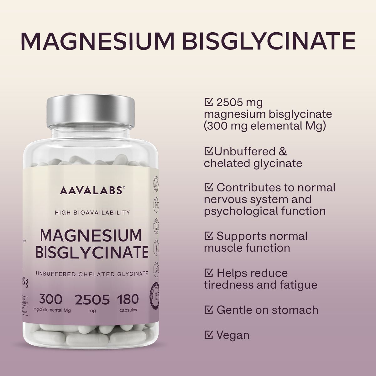 Flasche mit weißen Kapseln. Aufschrift: AAVALABS, Magnesium Bisglycinat. 180 Kapseln. Vorteile.