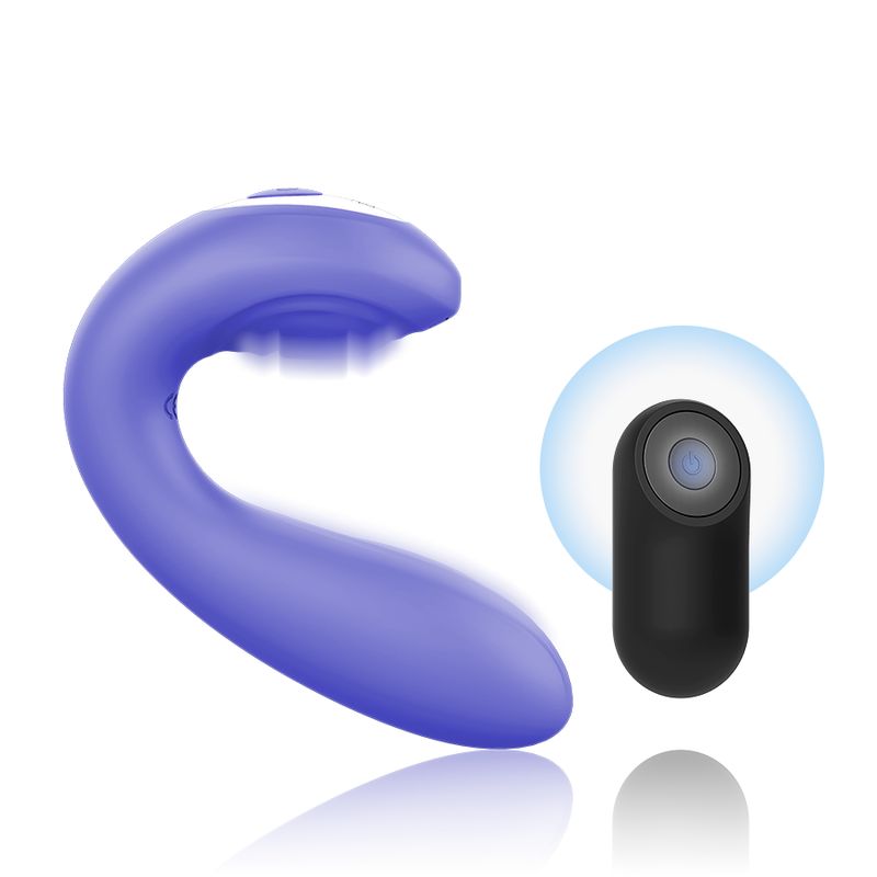 Lila Vibrator mit Fernbedienung. U-förmig. Schwarze Fernbedienung mit blauem Licht.