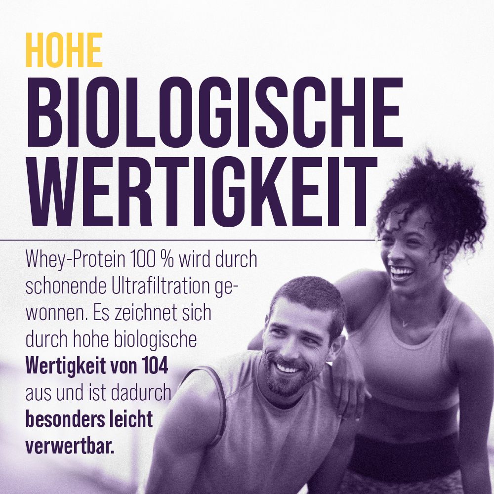 Text „Hohe biologische Wertigkeit“. Frau und Mann lächeln. Text: Whey-Protein 100 % durch Ultrafiltration gewonnen. Wertigkeit von 104.