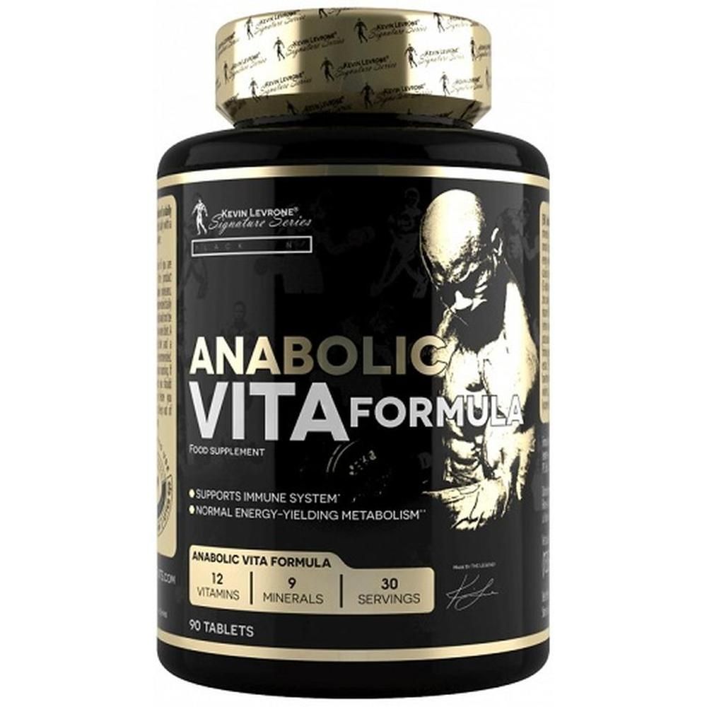 Schwarze Flasche mit goldfarbenem Deckel. Aufschrift: Anabolic Vita Formula. Enthält 90 Tabletten. Mit Kevin Levrone Logo.