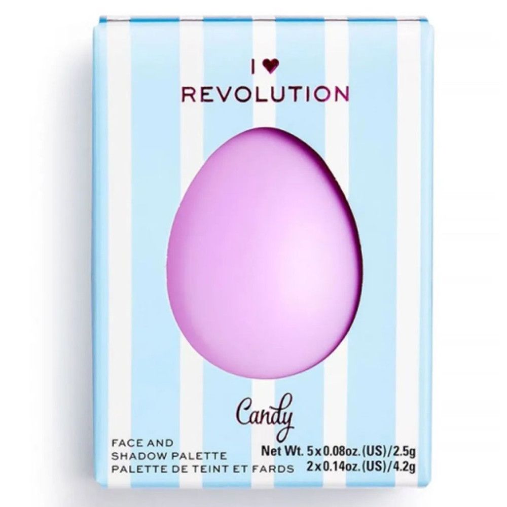 Kompakte, eiförmige Palette in hellblau-weiß gestreifter Verpackung. Aufdruck: "I Heart Revolution" und "Candy". Enthält ein rosa Produkt.