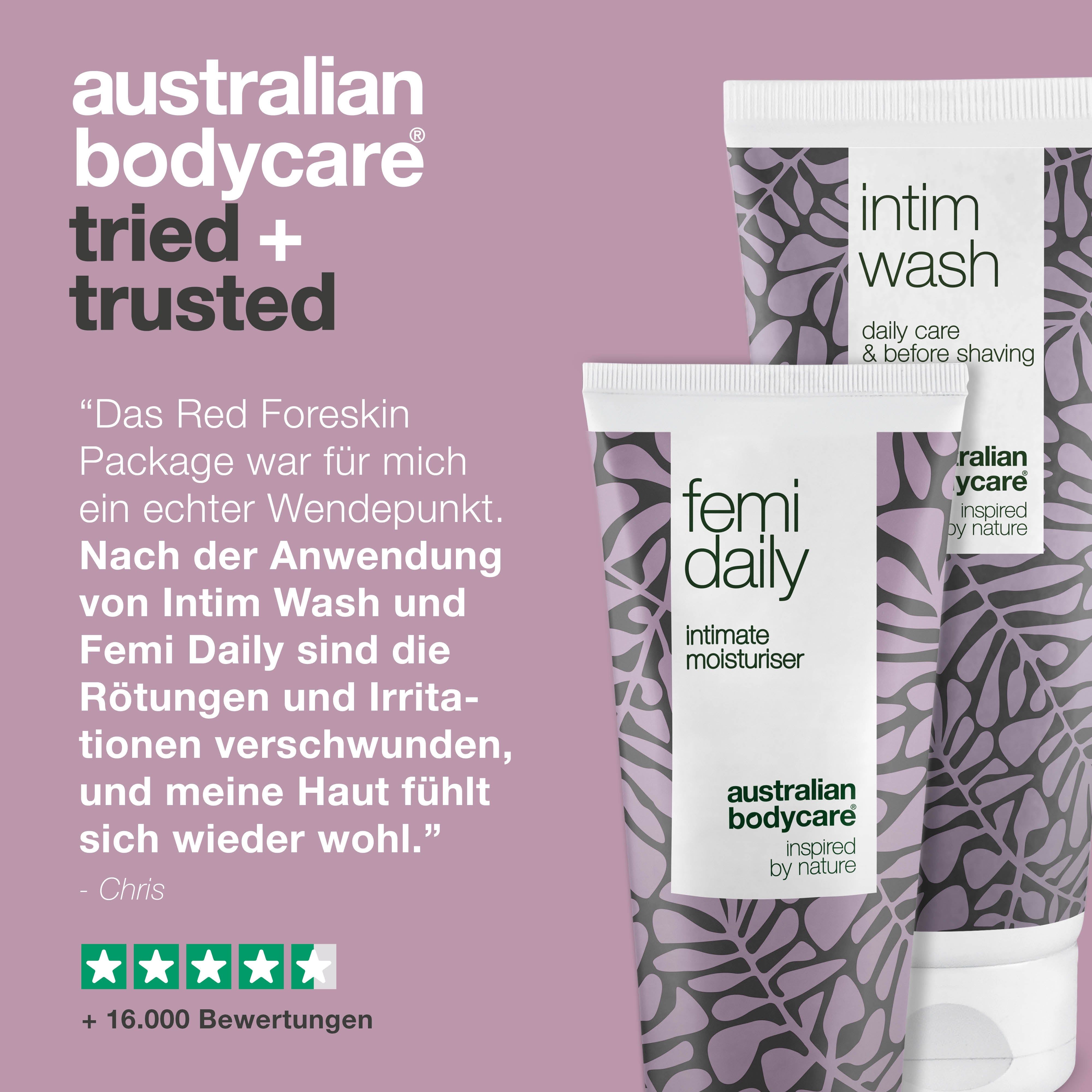 Australian Bodycare tried + trusted. Zwei Tuben: Intim Wash und Femi Daily. Zitat und 5-Sterne-Bewertung.