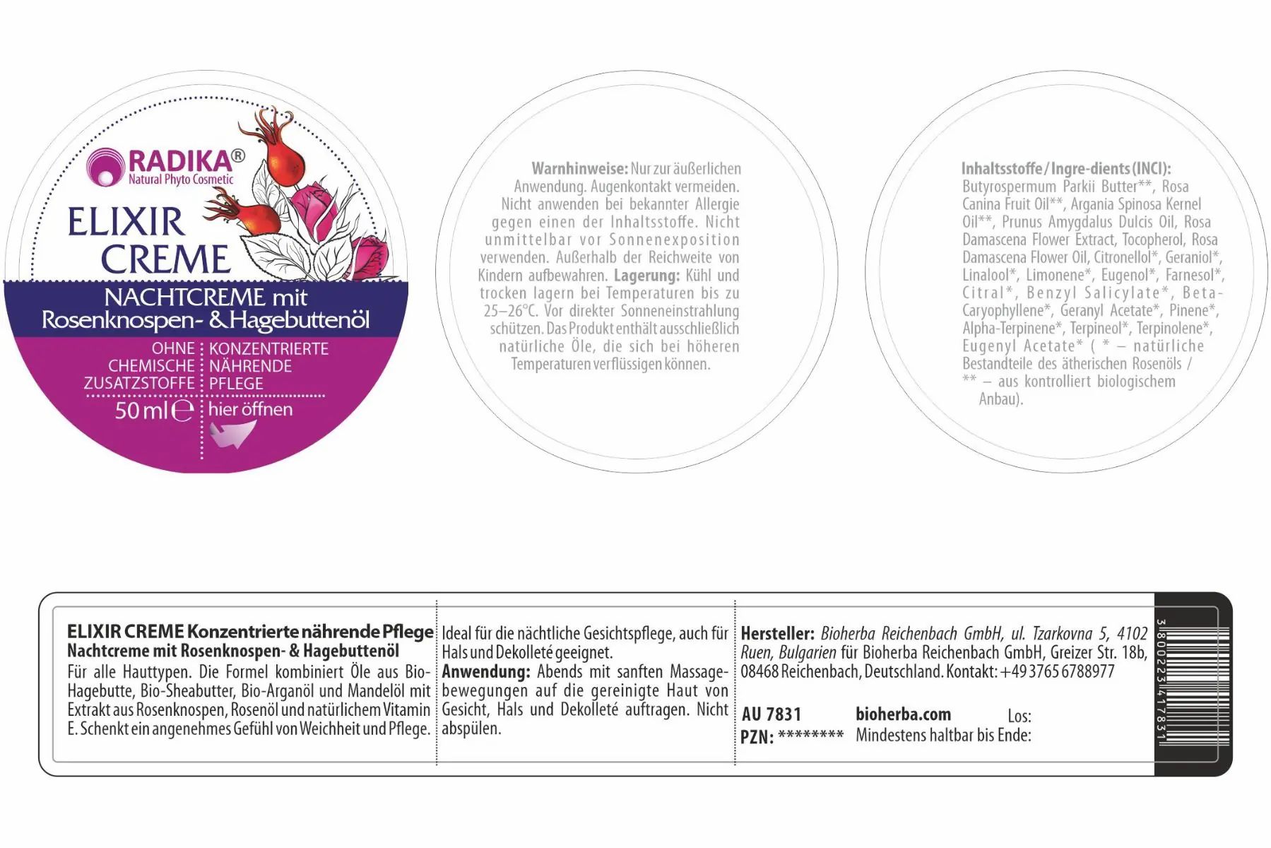 Runde Dose mit Etikett: "Elixir Creme Nachtcreme mit Rosenknospen- & Hagebuttenöl". Text und Logo. 50 ml.