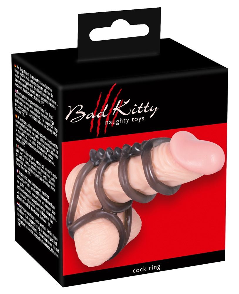 Produktverpackung mit Penis- und Hodenring. Marke Bad Kitty. Schwarze Box mit Produktabbildung.
