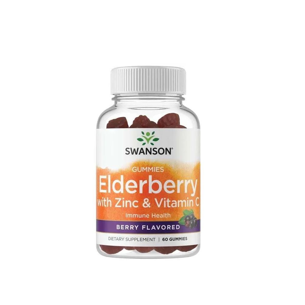 Eine Flasche Swanson Holundergummis mit Zink und Vitamin C. Aufschrift: Elderberry, Berry Flavored, 60 Gummies.