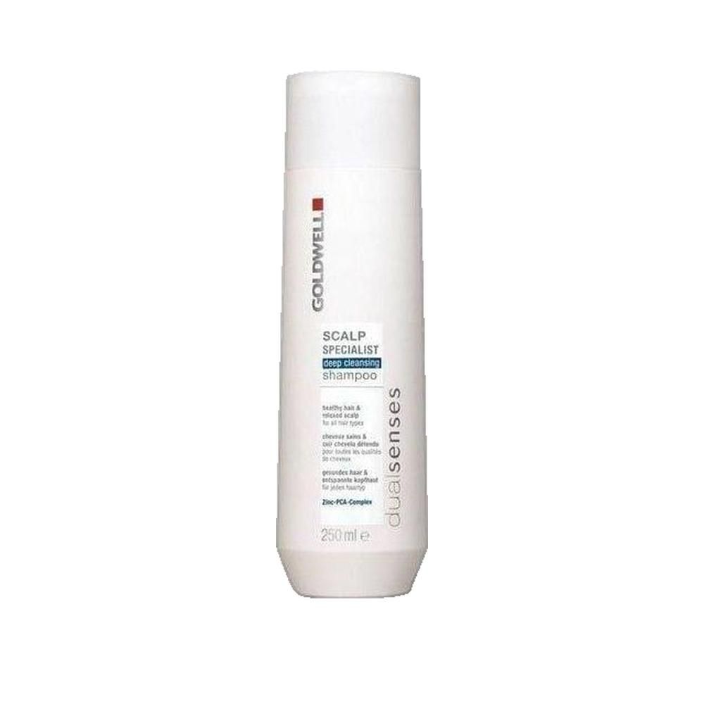 Weißes Shampoo mit Goldwell-Logo. Aufschrift: SCALP SPECIALIST Deep cleansing shampoo. 250ml.
