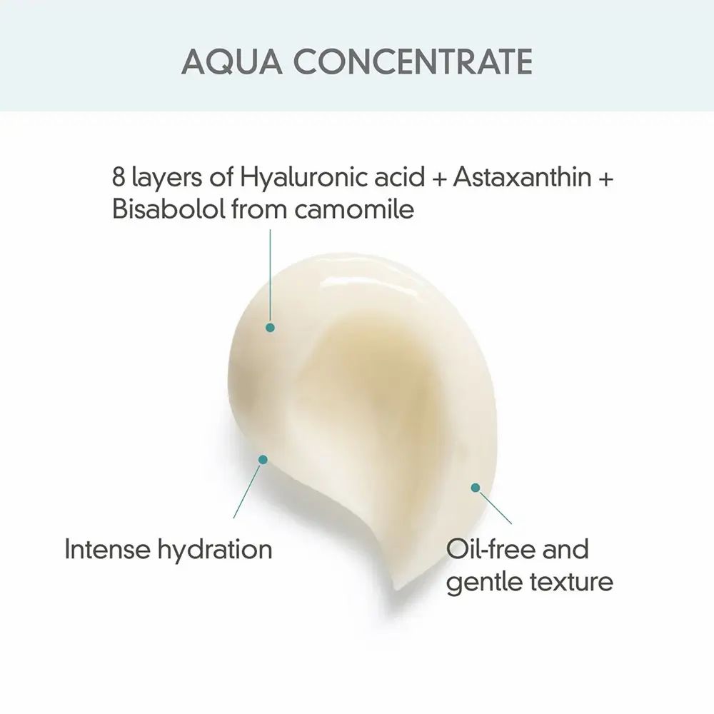 Aqua Concentrate: 8 Schichten Hyaluronsäure, Astaxanthin, Bisabolol aus Kamille. Intensive Feuchtigkeit, ölfreie, sanfte Textur.