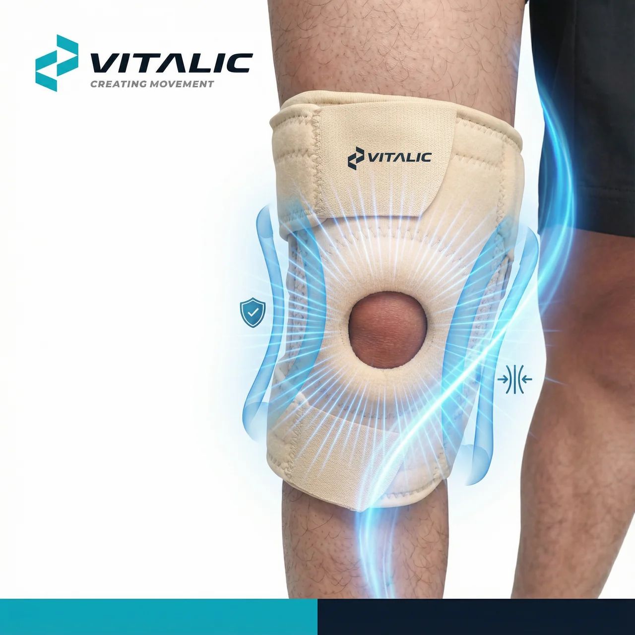 Beige Kniebandage mit VITALIC Logo. Schutz- und Stabilitäts-Symbole.