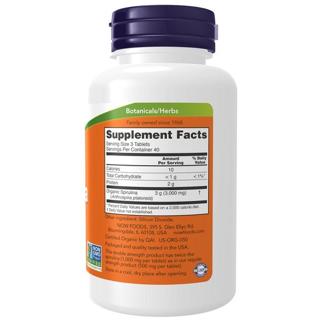 Rückseite der NOW Foods Bio Spirulina Doppelte Stärke 1000 mg Flasche mit Nährwertangaben und Bio-Zertifizierungen.