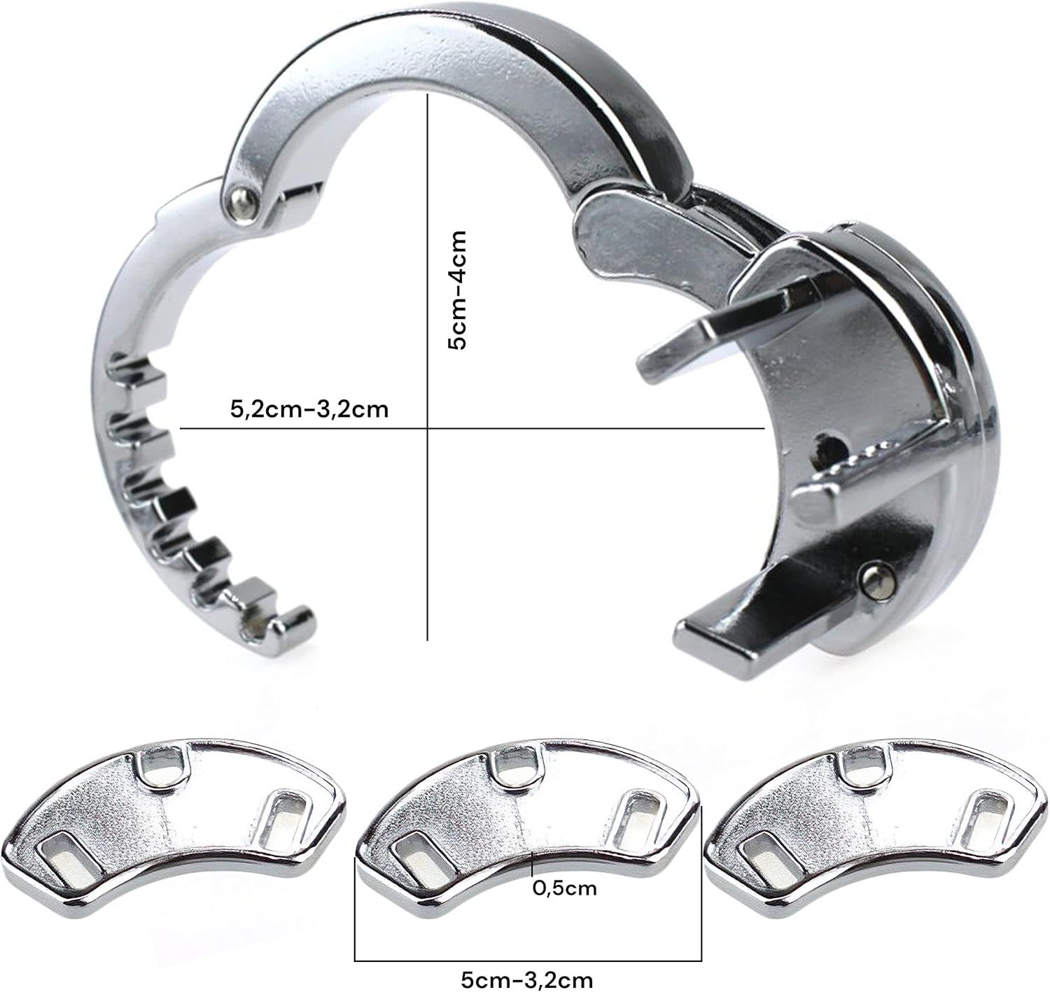 Metall-Keuschheitskäfig, zerlegt. Ring mit Maßen 5,2-3,2 cm. Drei Platten. Maße: 5cm-4cm und 0,5cm.