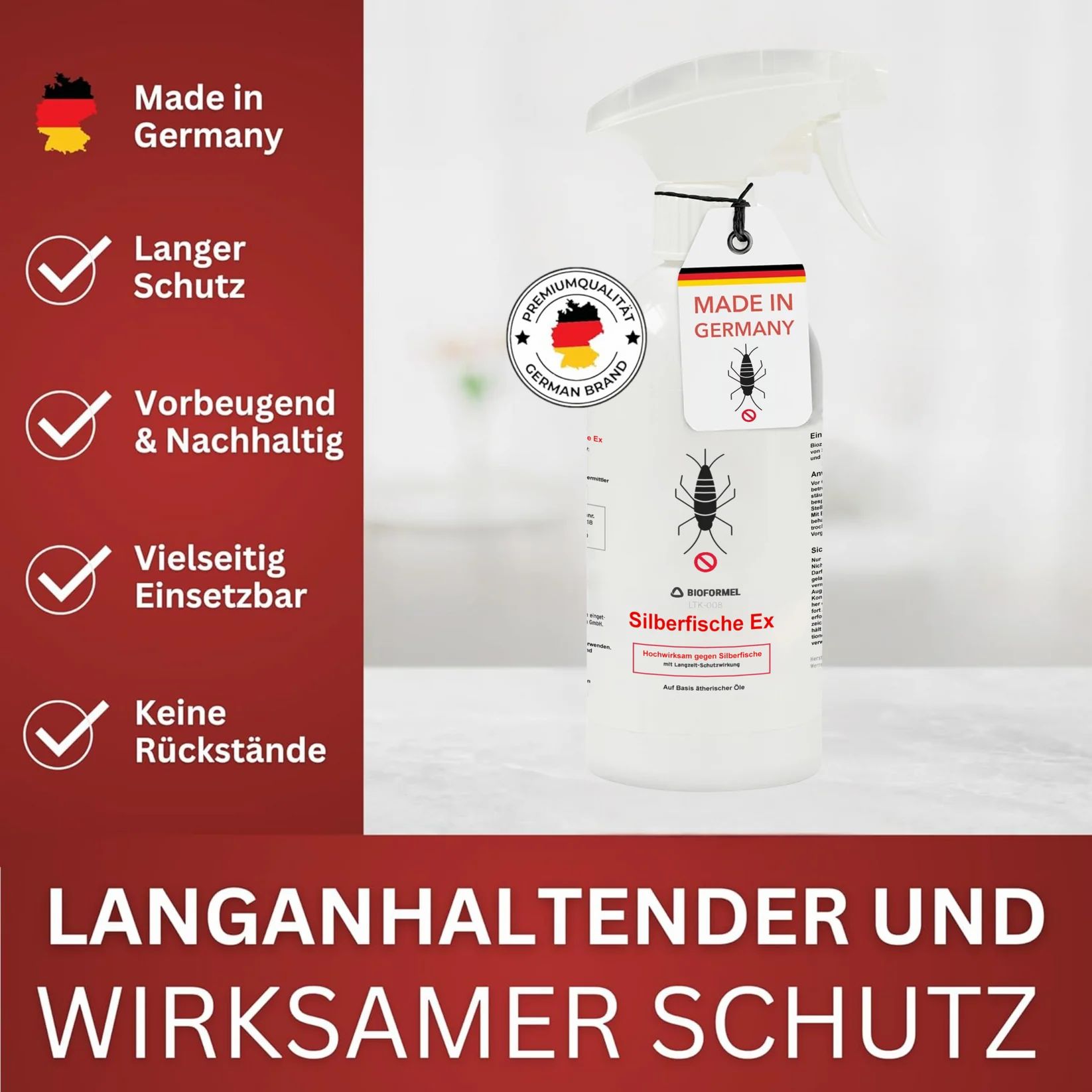 Weiße Sprühflasche mit Etikett 'Made in Germany'. Text: 'Silberfische Ex'. Logos und Icons.