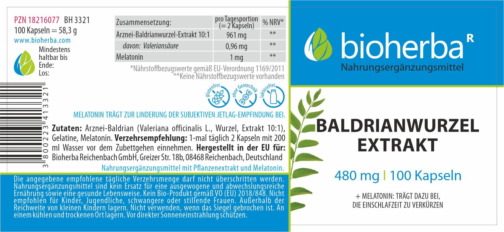 Etikett mit "bioherba" Logo, "Baldrianwurzel Extrakt", 480 mg, 100 Kapseln. Enthält Informationen zu Inhaltsstoffen und Dosierung.