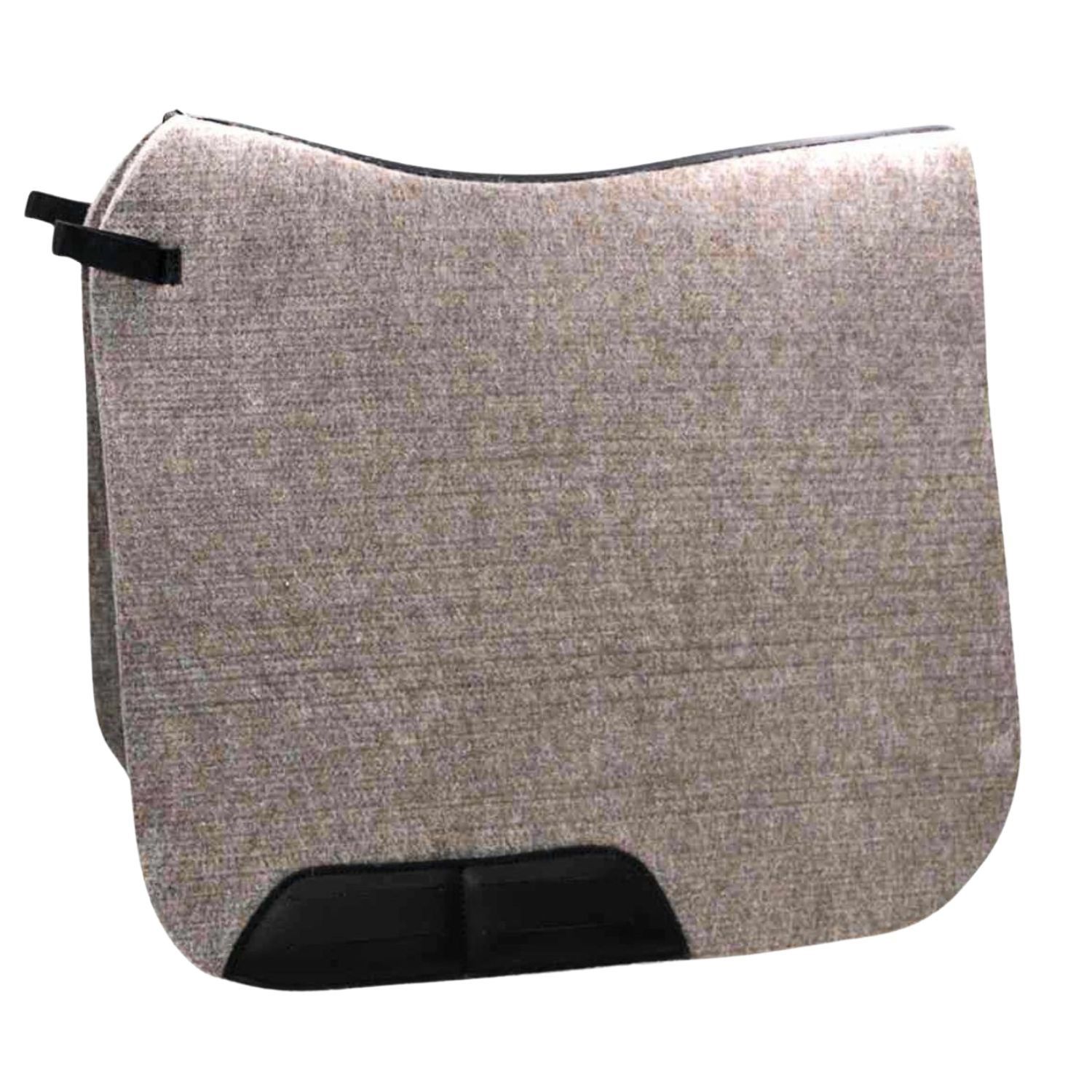 Beige Filzschabracke mit schwarzem Rand und Riemen.