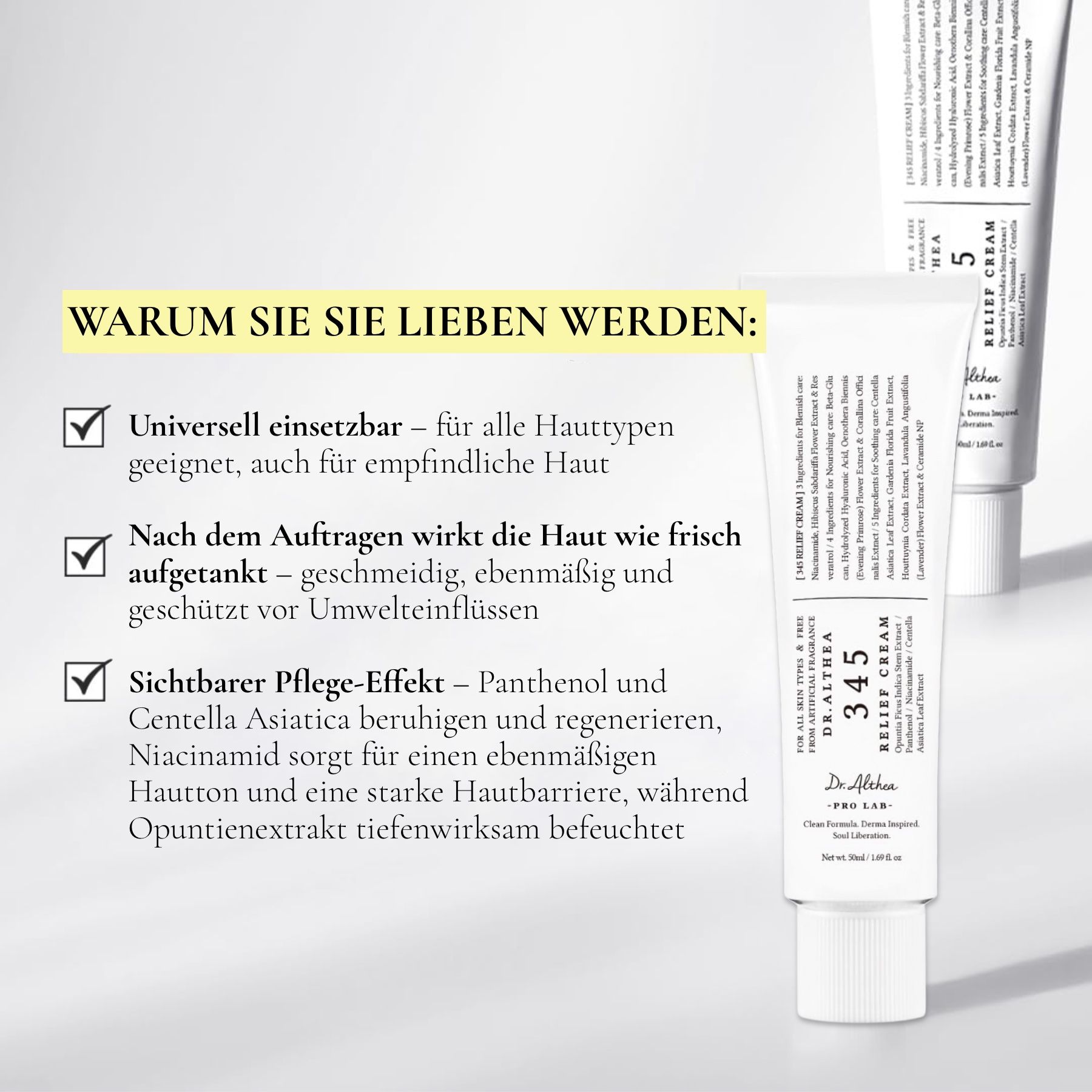 Zwei Tuben Dr. Althea 345 Relief Cream. Text: Universell einsetzbar, wirkt wie frisch, sichtbar pflegend.