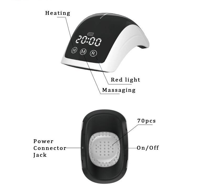 Gerät mit Display (20:00), drei Knöpfen (H, M, R). Rotes Licht. Unterteil mit 70 LEDs.