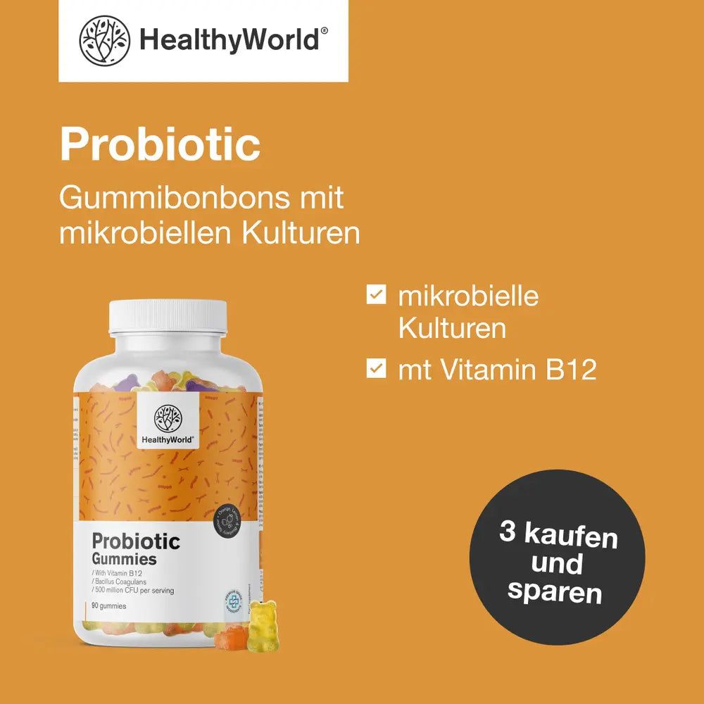 Flasche mit Gummibärchen. Aufschrift: HealthyWorld, Probiotic Gummis. Text: mikrobielle Kulturen, mit Vitamin B12. Kreis: 3 kaufen und sparen.