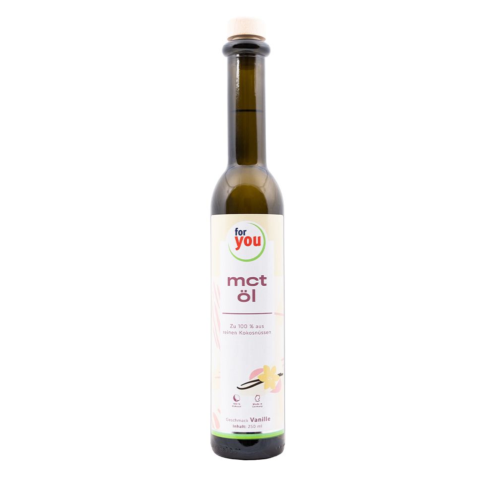 Grüne Glasflasche mit weißem Etikett. Aufschrift: for you mct öl. Mit Holzverschluss.