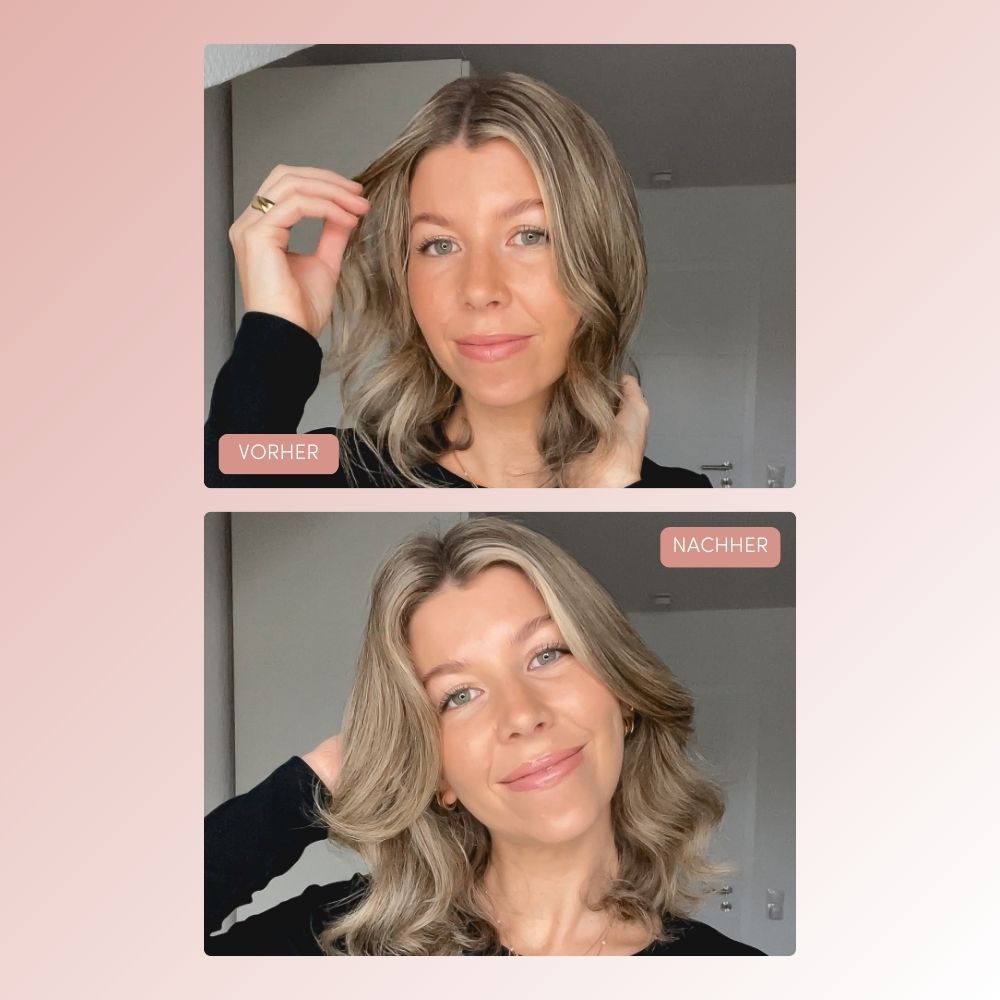 Vorher-Nachher-Vergleich. Blondes Haar, einmal vor, einmal nach der Anwendung. Beide Bilder zeigen eine Frau mit welligem Haar.