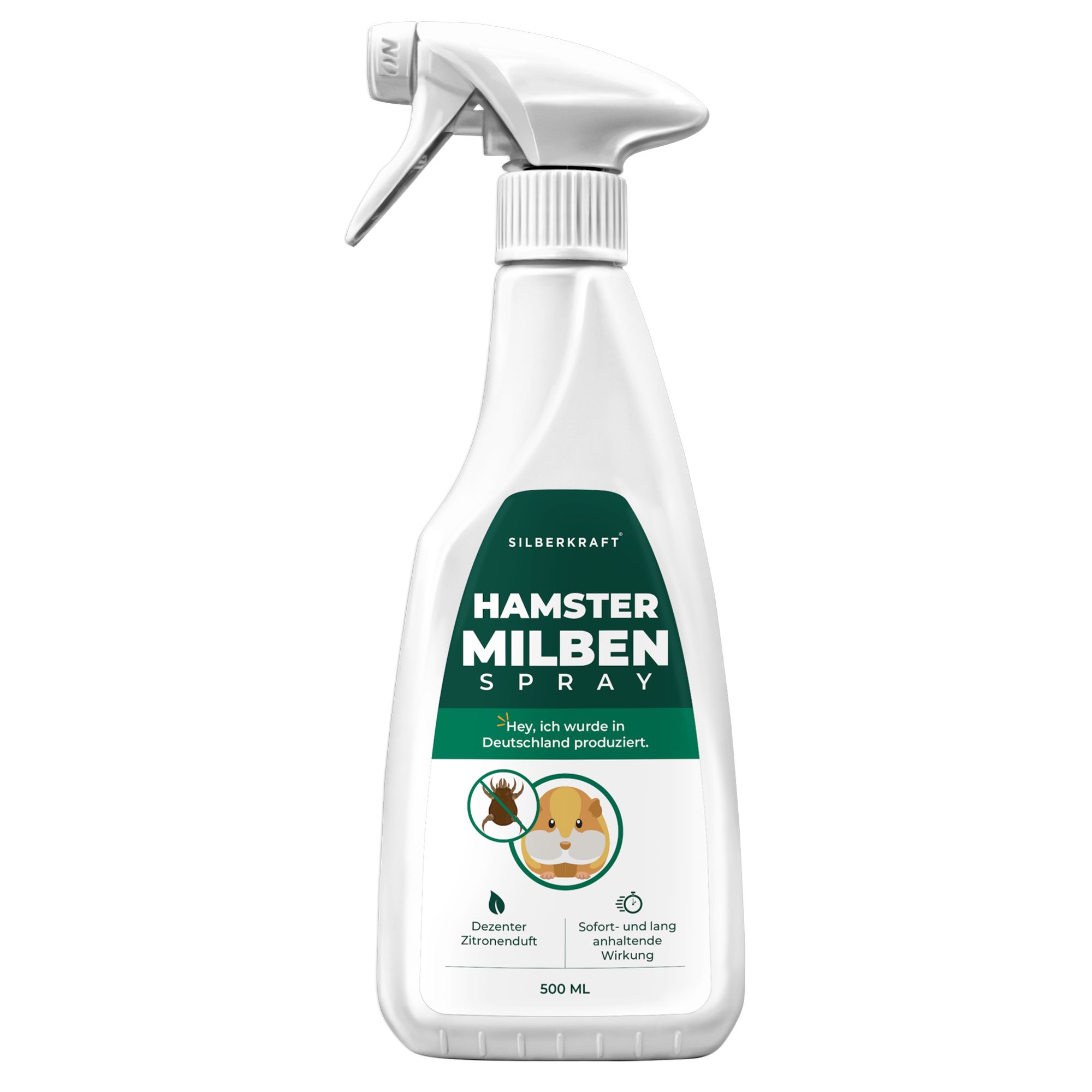 Flasche SILBERKRAFT Hamster Milben Spray, 500 ml, mit Sprühkopf.