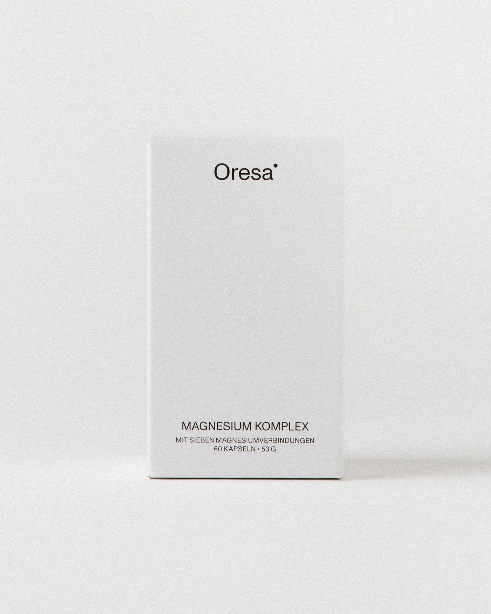 Weiße Produktverpackung mit dem Logo Oresa und der Aufschrift Magnesium Komplex. 60 Kapseln.