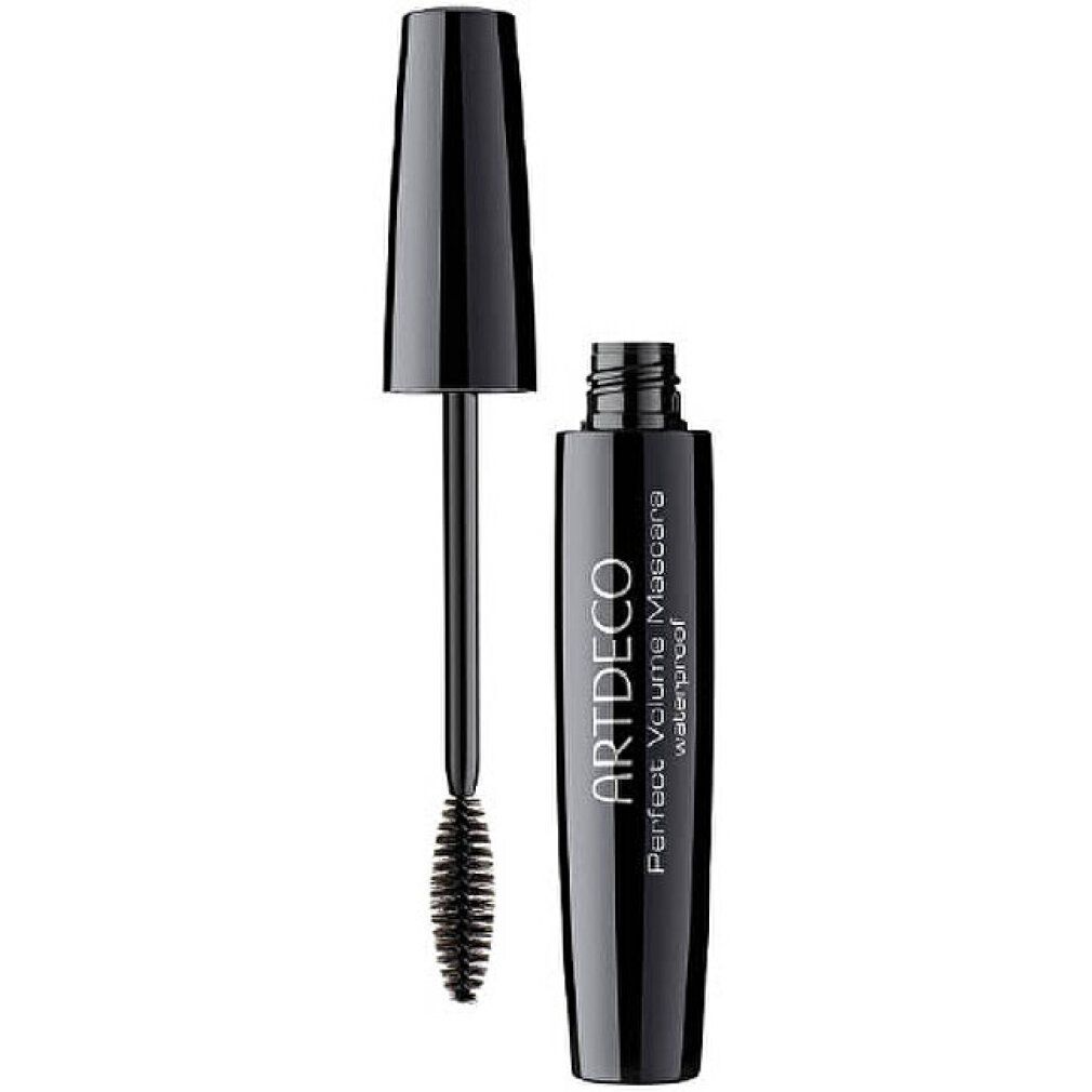 Geöffnete schwarze Mascarahülse mit Bürste. Aufschrift: ARTDECO Perfect Volume Mascara waterproof.