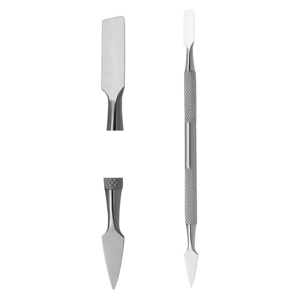 Nagelreiniger & Spatel, Edelstahl, beidseitig verwendbar. Gerändelter Griff. Zwei separate Ansichten der Enden.