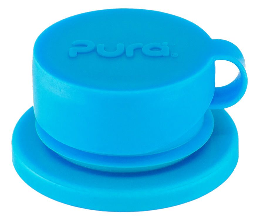 Blauer Silikon-Sportverschluss. Mit rundem Deckel, Griff und Schriftzug "Pura".
