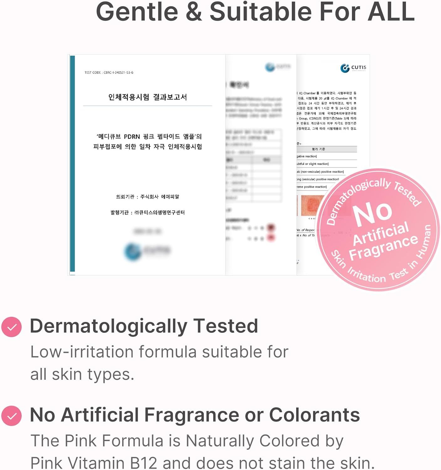 Dokumente und ein Stempel: Dermatologisch getestet. Text: Low-irritation formula suitable for all skin types. No Artificial Fragrance.