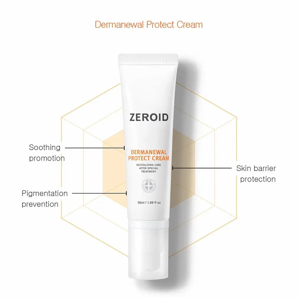 ZEROID Dermanewel Protect Face Cream Tube. Weißes Design. Produktname und Details sichtbar. 50ml/1.69 fl oz. Diagramm.