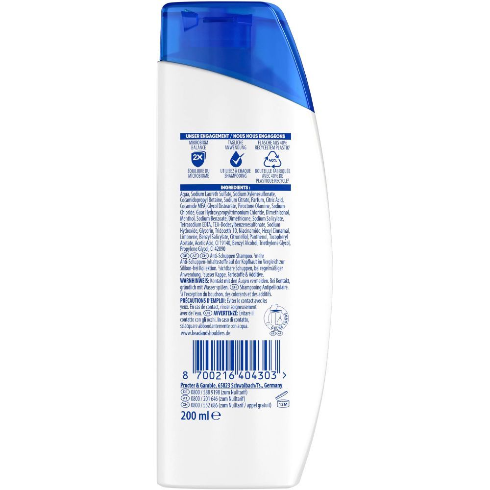 Rückseite der Head & Shoulders Shampoo-Flasche. Text: Inhaltsstoffe, Vorsichtsmaßnahmen, Herstellerinformationen.